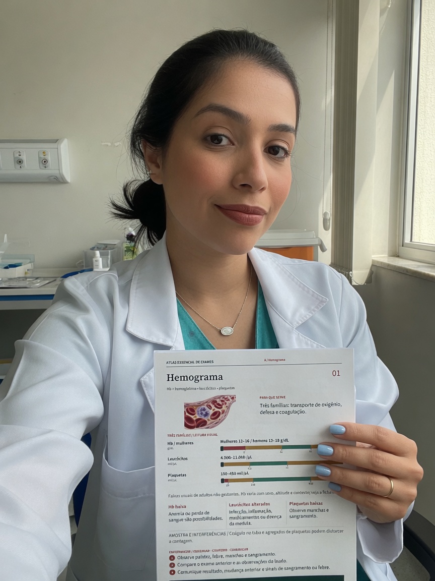 Sara mostrando a ficha do hemograma aberta